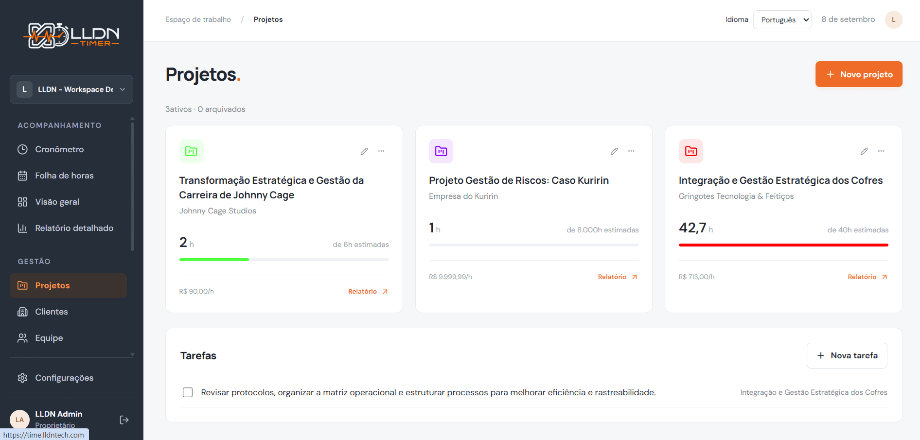 Tela Projetos e tarefas do LLDN Timer